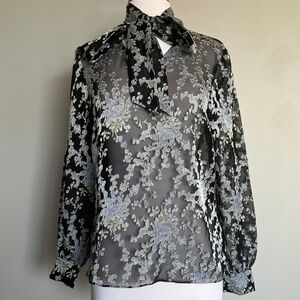 Ted Baker Syringa Lilac Bow Longsleeve Floral Cocktail Black Blouse